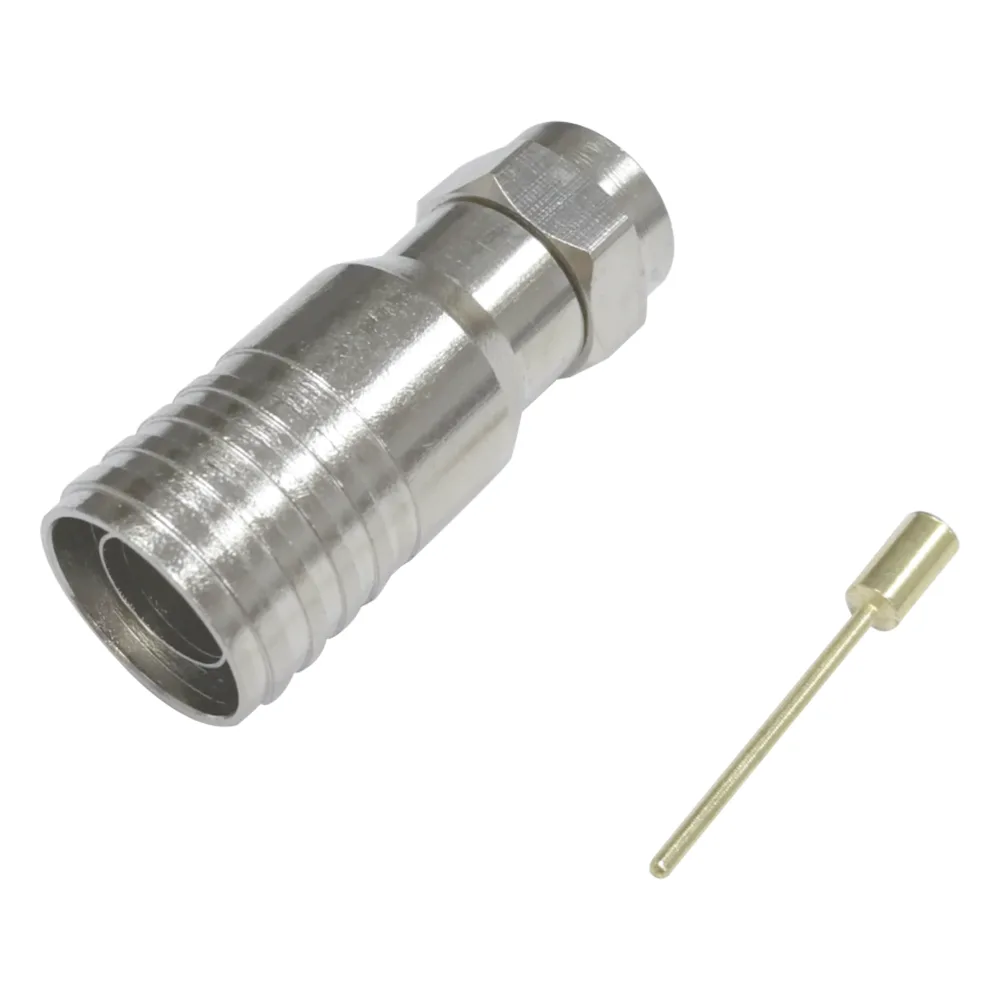 Conector F Macho en 75 Ohm, Plegable para Instalar en Cables Coaxiales RG-11, Cuerpo de Bronce-Niquelado/ Teflón.