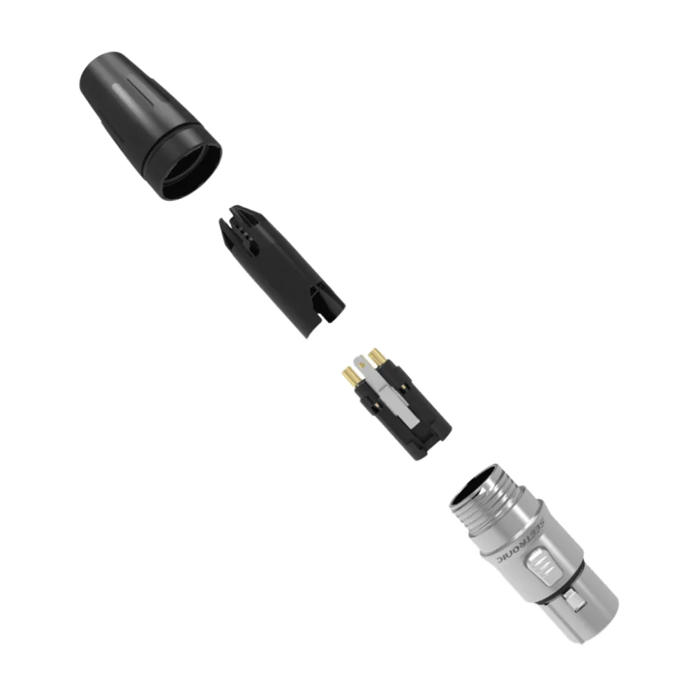 Conector hembra XLR de 3 núcleos con carcasa de acero inoxidable y contactos chapados en oro – vista 3
