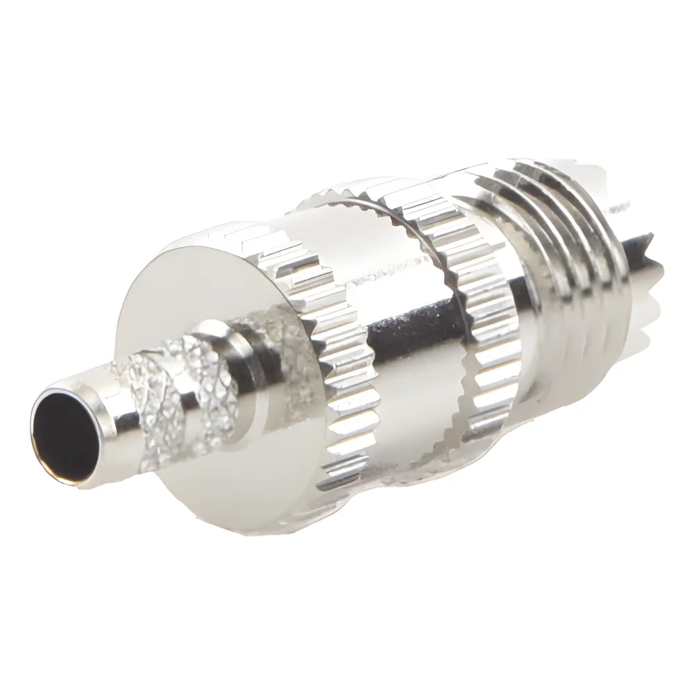 Conector Mini UHF Hembra de Anillo Plegable en Cables RG-58/U, RG-142/U, Níquel/ Plata/ Delrin.