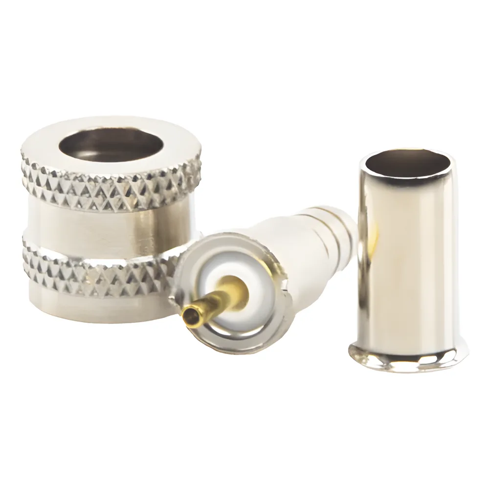 Conector Mini UHF Macho, 50 Ohm, de Anillo Plegable para Cables RG-58/U, RG-142/U, Niquel/Oro/Delrin.