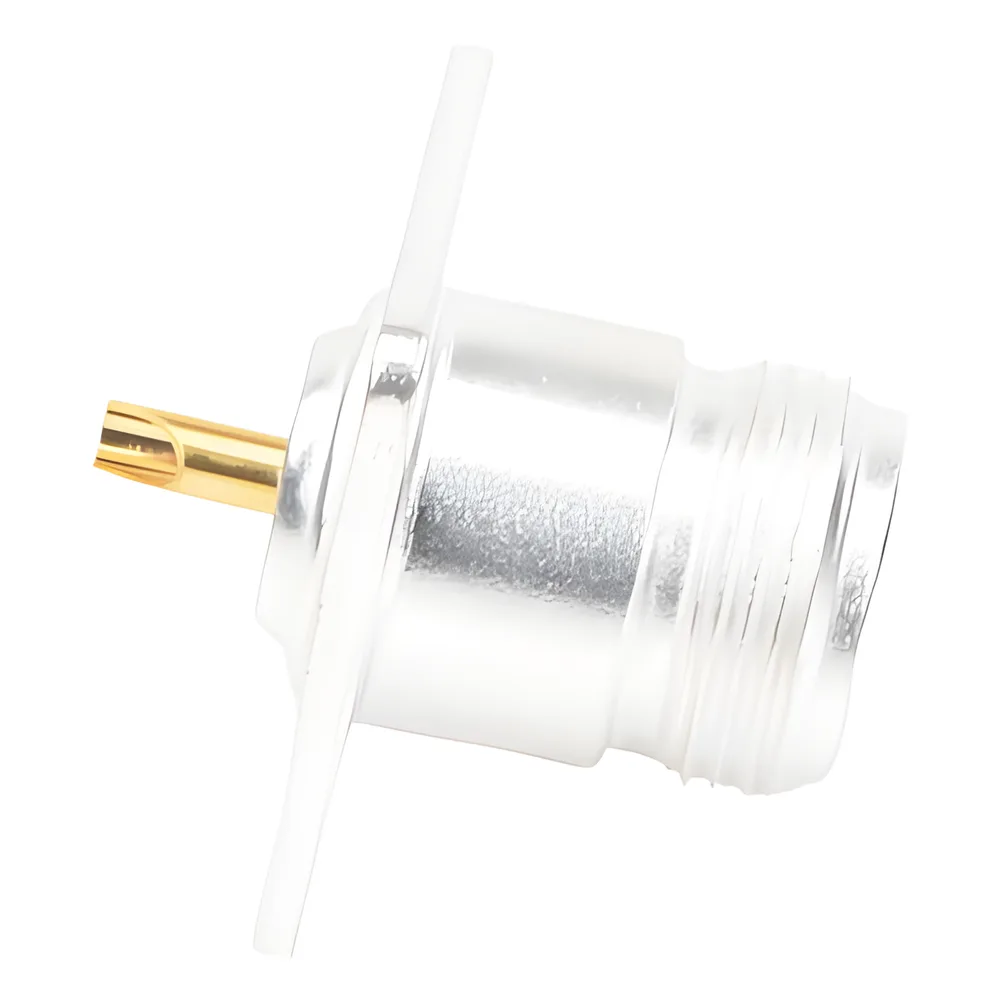 Conector N Hembra para Montaje Frontal en Panel con 4 Perforaciones a 18 mm, Plata/ Oro/ Teflón. – vista 2