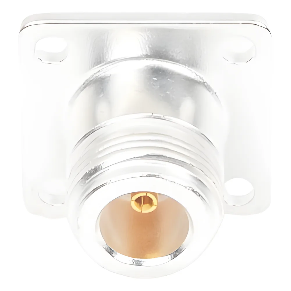 Conector N Hembra para Montaje Frontal en Panel con 4 Perforaciones a 18 mm, Plata/ Oro/ Teflón. – vista 3
