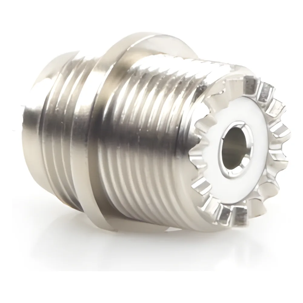Conector UHF Hembra (SO-239) en Línea, Montaje Frontal en D Plano, Níquel/ Plata/ Baquelita. – vista 2