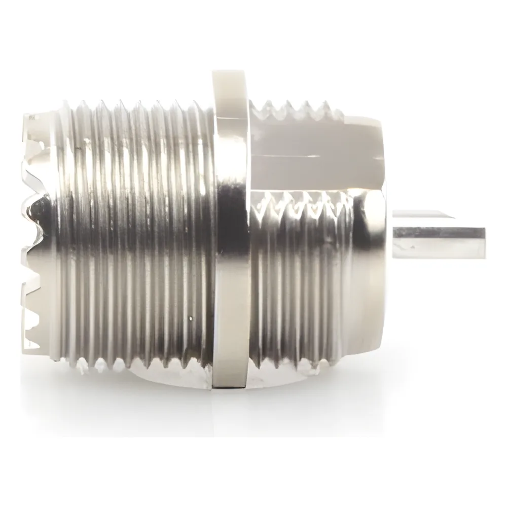 Conector UHF Hembra (SO-239) en Línea, Montaje Frontal en D Plano, Níquel/ Plata/ Baquelita. – vista 3