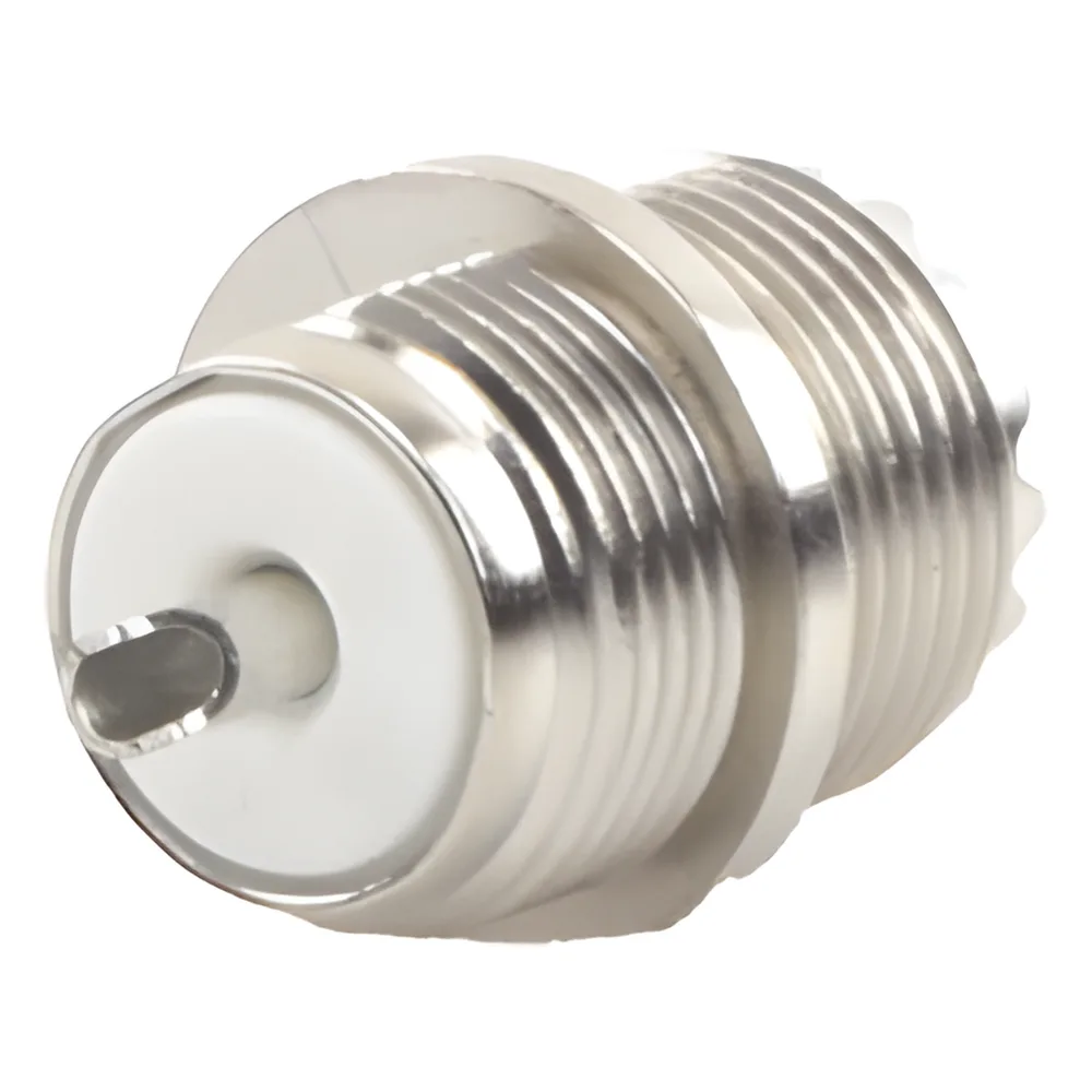 Conector UHF Hembra (SO-239) en Línea, Montaje Frontal en D Plano, Níquel/ Plata/ Baquelita.