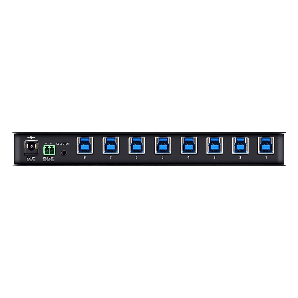 Conmutador de Uso Compartido USB 3.2 Gen 1 Industrial | 8 Puertos para Computadoras | 4 Puertos para Dispositivos | 5 Gbps | Selección por Botón, RS-232/485 o Remoto | Power on Detection | Carcasa de Metal | Montaje en Pared – vista 3