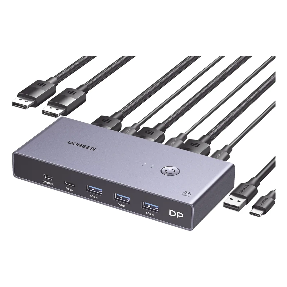 Conmutador KVM DisplayPort 8K | DP 1.4 | 2 Entradas 1 Salida | 4 Puertos USB 3.0 (3 USBA *1 USBC) | Soporta 8K@60Hz | HDR | Control de Escritorio | Carcasa de Aluminio | Indicador Led | Compatible Win, MacOs y Linux.