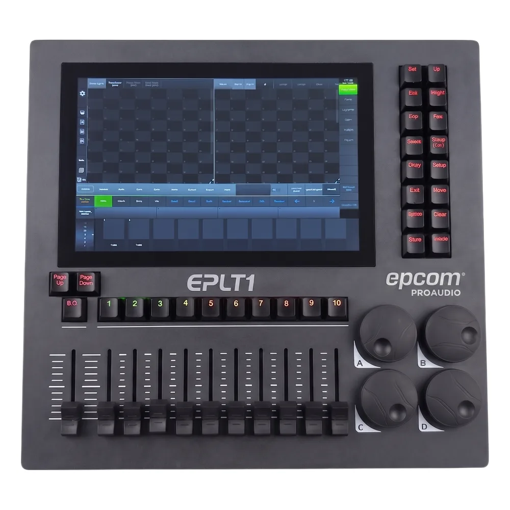 Consola de Iluminación DMX EPLT1 / 2 Universos  / Pantalla 10.1" Multitáctil / 10 Faders + 4 Ruedas / WiFi Integrado / Flight Case Incluido