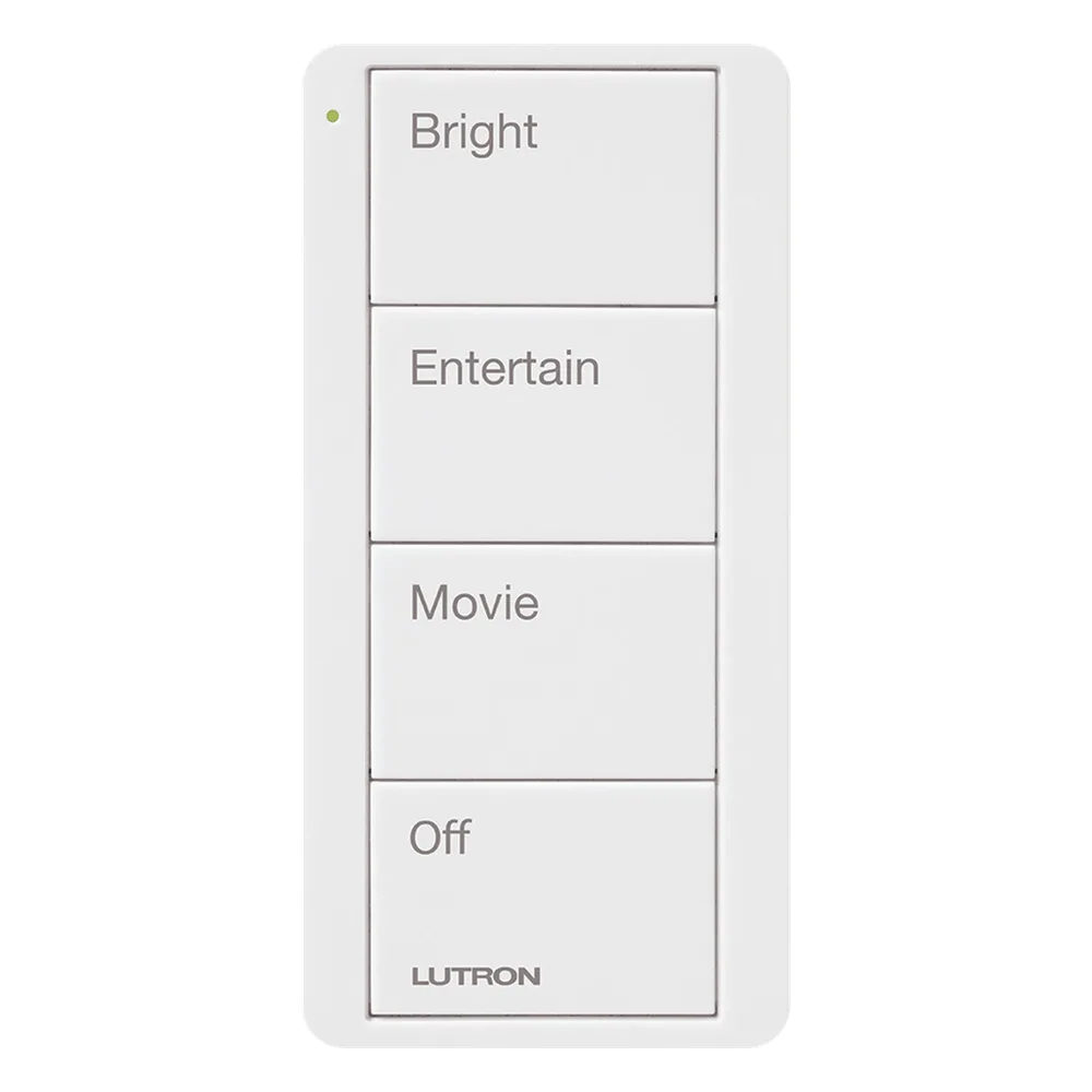 Control Pico inalámbrico de 4 botones con escenas grabadas para sala (Bright, Entertain, Movie y Off), compatible con Caseta Wireless y RA2 Select, blanco brillante