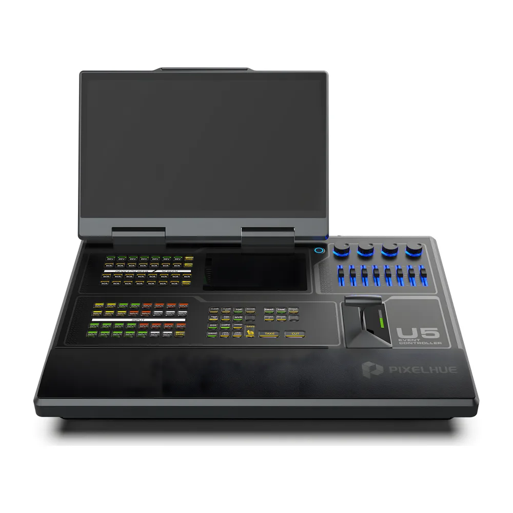 Controlador de Eventos Compacto U5 / Pantalla Táctil Principal 21.5" / Pantalla Inteligente 8" / 87 Botones LCD Programables / 4 Encoders y 8 Faders / Control MIDI y KVM / Diseño Plegable / Software PixelFlow / HDMI 2.0 / 12G-SDI /