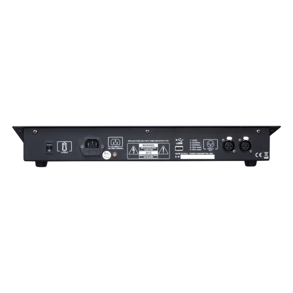 Controlador de Iluminación DMX Profesional / 256 Canales DMX512 / 16 Fixtures Simultáneos / Generador de 135 Shapes Integrados / 80 Playbacks con Control HTP-LTP / 2 Puertos DMX Aislados Ópticamente / Montaje en Rack – vista 2