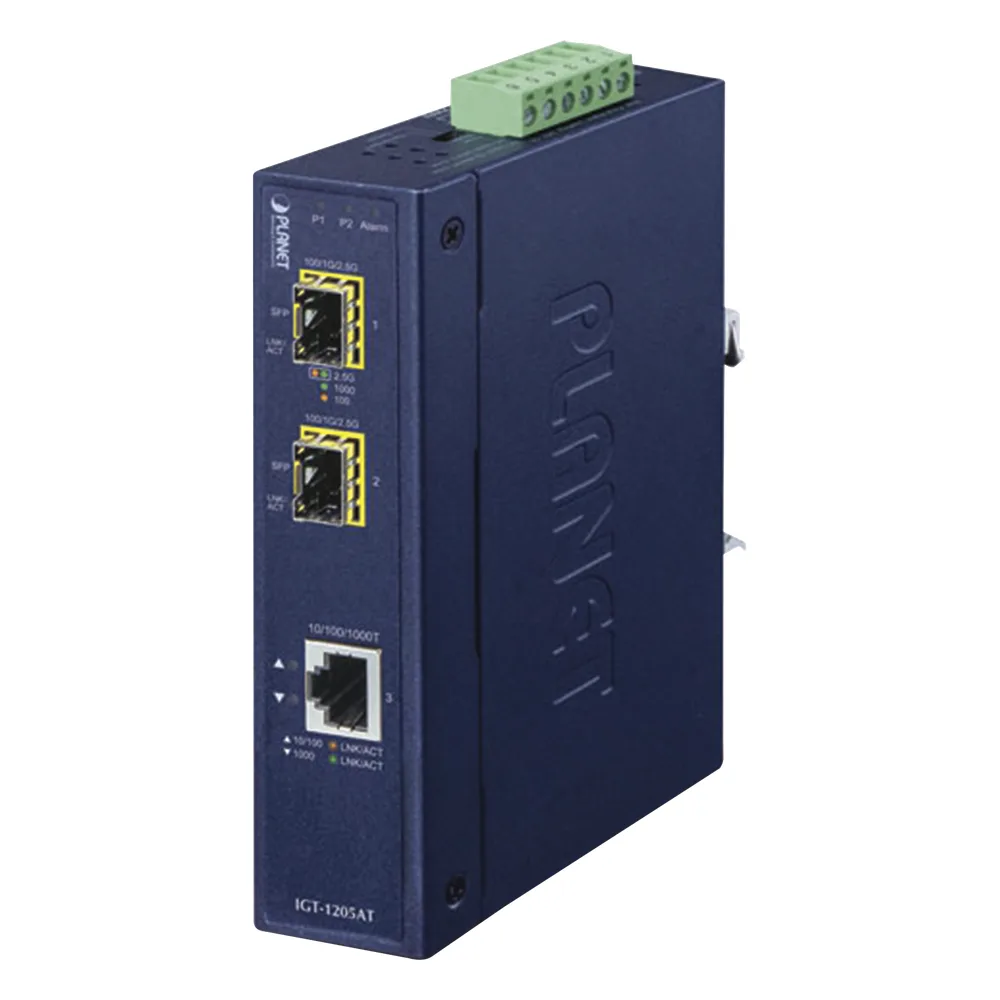 Convertidor de Medios Industrial de 1 Puerto Ethernet 10/100/1000 Base-T a 2 Puertos SFP 100/1000/2500 Base-X