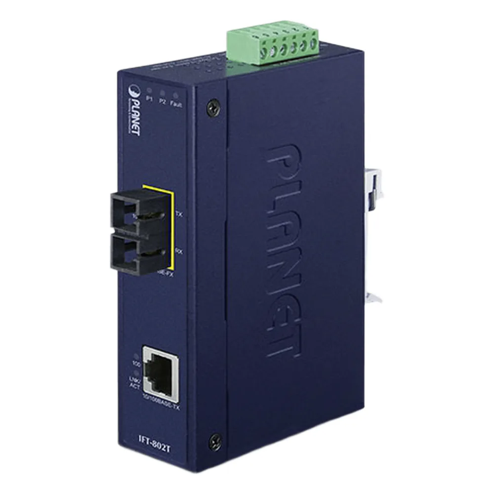 Convertidor de Medios Industrial, Multimodo, Puertos 10/100 Base-TX a 100 Base-FX, Interfaz SC, Hasta 2 km, Carcasa IP30, Soporta Temperatura de -40 a 75°C.