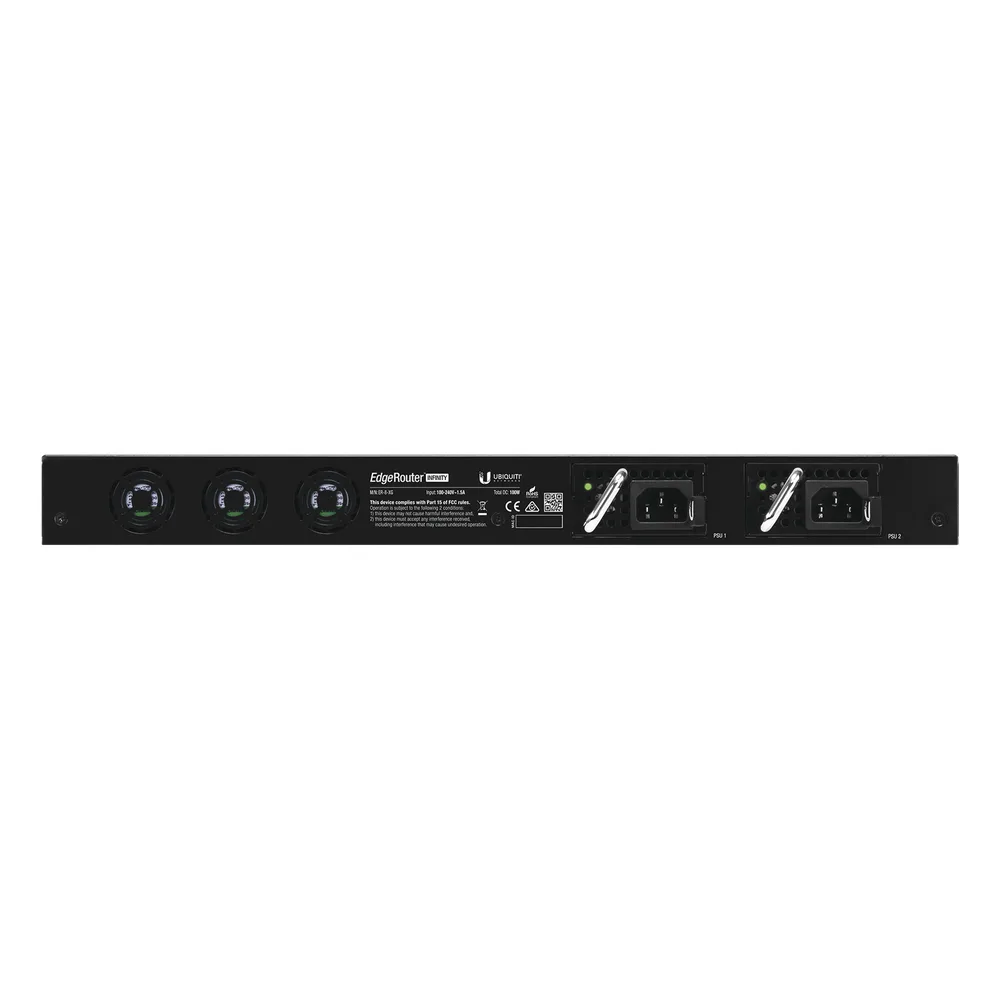 EdgeRouter INFINITY de 8 puertos SFP+ 10 G + 1 puerto RJ45 Gigabit, throughput 80 Gbps, 16 núcleos y 16 GB RAM , fuentes de alimentación modulares Hot-Swappable – vista 3