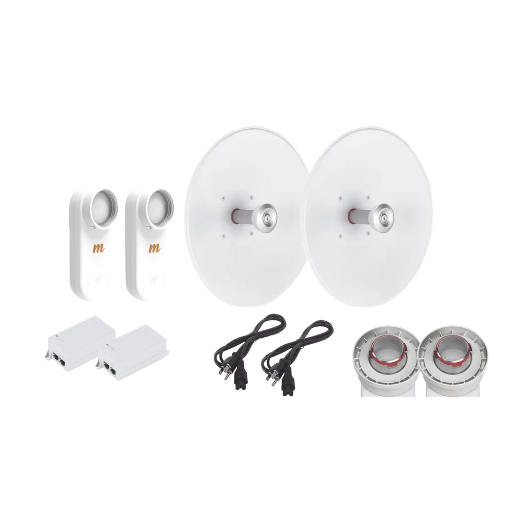 Enlace completo de 2 radios C5X con antenas UD-TP-27 (27 dBi), rango de frecuencia extendida (5.1 a 6.4 GHz),  incluye inyector POE y cable de alimentación y adaptador para la antena