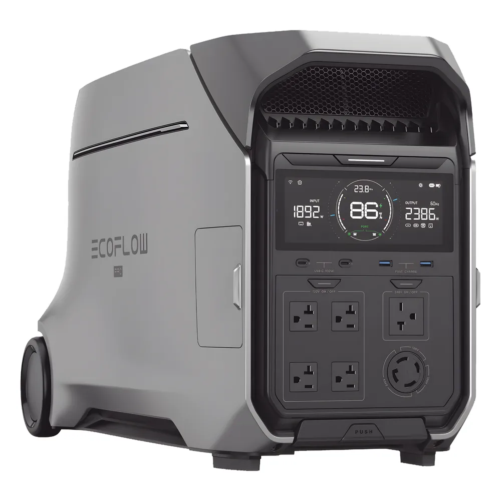 Estación de Energía Portátil DELTA PRO3 / 4096Wh Litio LFP / 5 AC 4000W (8000W Pico) / 2 USB-C 100W / Capacidad para Aumentar Respaldo / Cargador de Coche 10A a 12.6V / Conectividad WiFi y Bluetooth (App) / Carga Solar 2600W Max. (2 P