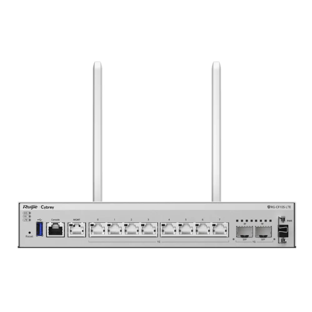 Firewall de Próxima Generación RG-CF10S-LTE / 7 Gbps Throughput / 8 Puertos Gigabit + 2 SFP / LTE Integrado / Gestión Cloud / Protección de Amenazas 500-700 Mbps / IA Integrada / 1 RU Rack / Línea Cybrey – vista 2