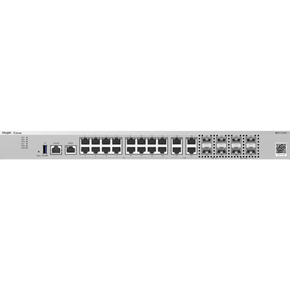 Firewall Next-Generation / 14-17 Gbps / 3 Millones de Sesiones Concurrentes / 16 Puertos GE RJ45 + 4 Puertos 2.5GE + 4 Puertos GE SFP + 4 Puertos 10GE SFP+ / Gestión Cloud / Inteligencia Artificial / Anti-DoS/DDoS / SD-WAN / Línea Cybrey – vista 2