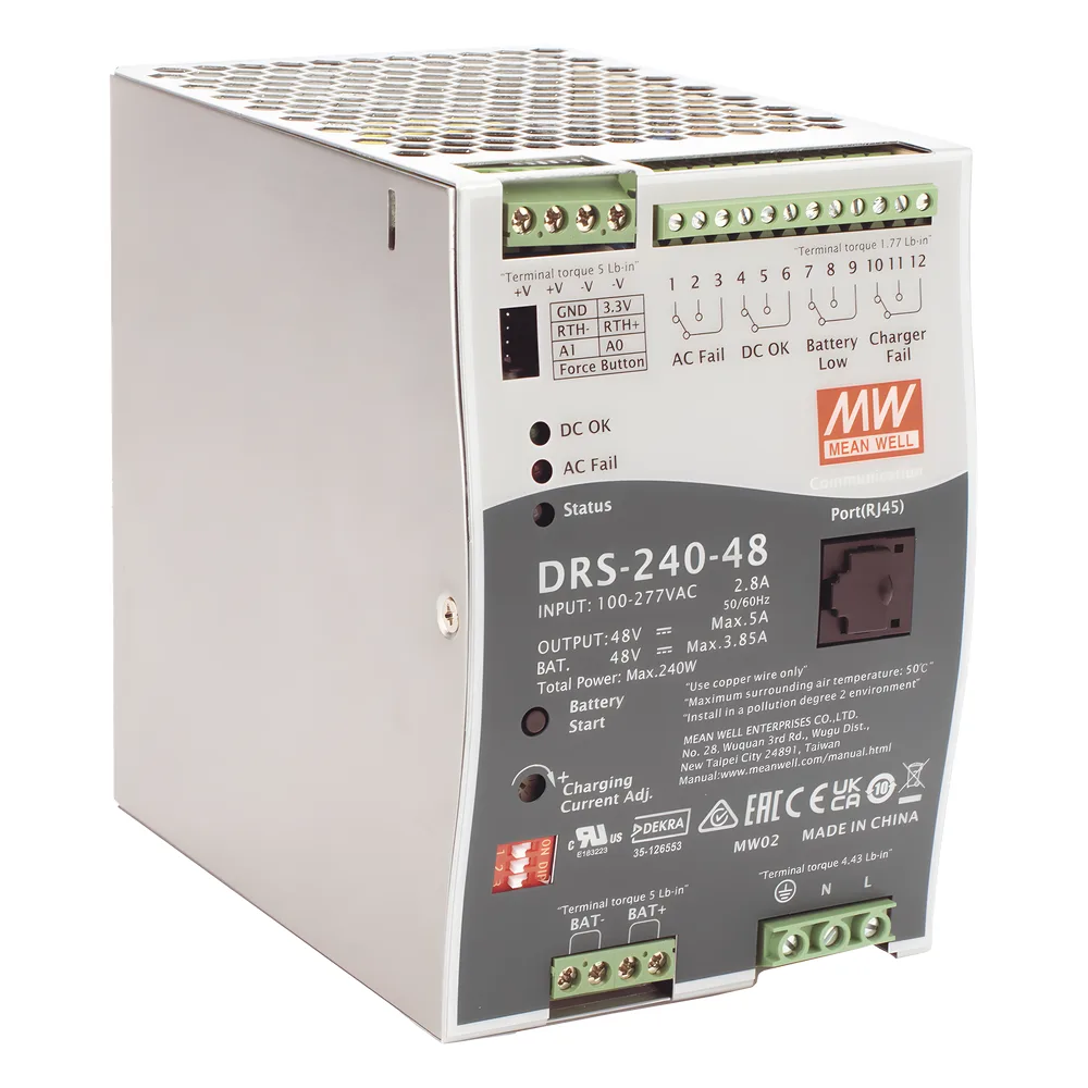 Fuente de Poder Industrial de 240W con Cargador de Baterías, salida 48Vcc, 5A, para montaje Riel Din – vista 3