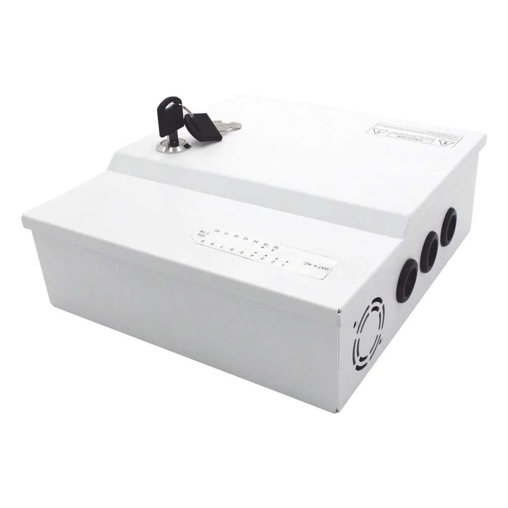 Fuente de poder profesional de 12 Vcc @ 16 A / para 16 cámaras / Con capacidad de batería de respaldo / Requiere batería / Voltaje de entrada de 96-264 Vca
