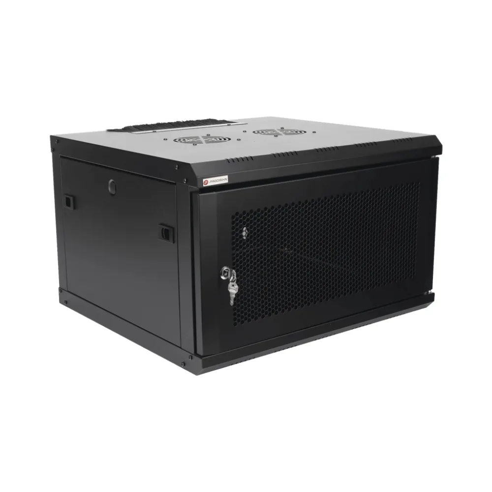 Gabinete de Pared 19 Pulgadas / 6U / 600 x 550 x 368 mm (23.6 x 21.7 x 14.5 in) / Acero SPCC RAL 9004 / Carga Estática 60 kg / IP20 Interior / Ventiladores CA / Panel Cepillo para Cables – vista 2
