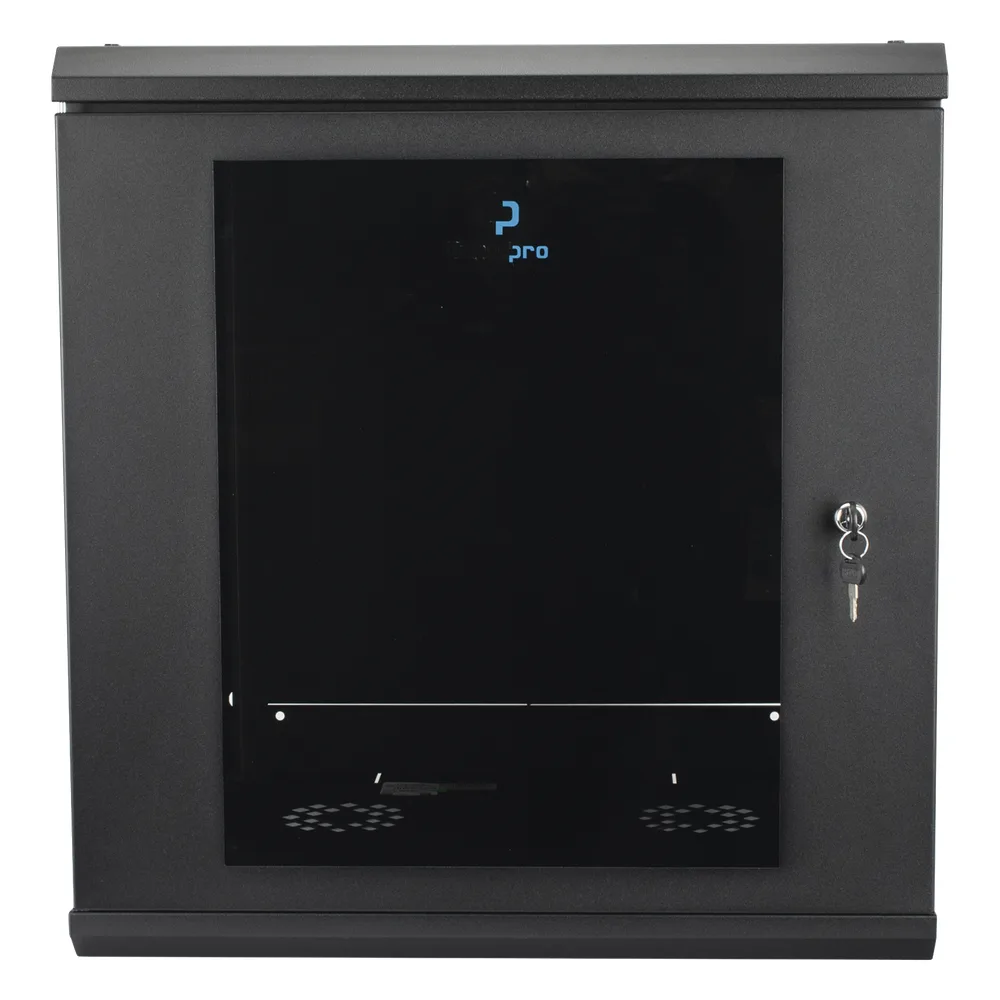 Gabinete Rack de Pared 12 Unidades / 19 Pulgadas / Ventilado / Puerta de Vidrio / Acero Calibre 18 / Carga 100 Kg / 635 x 606 x 612 mm (25 x 23.9 x 24.1 in) / Pintura Electrostática / Negro