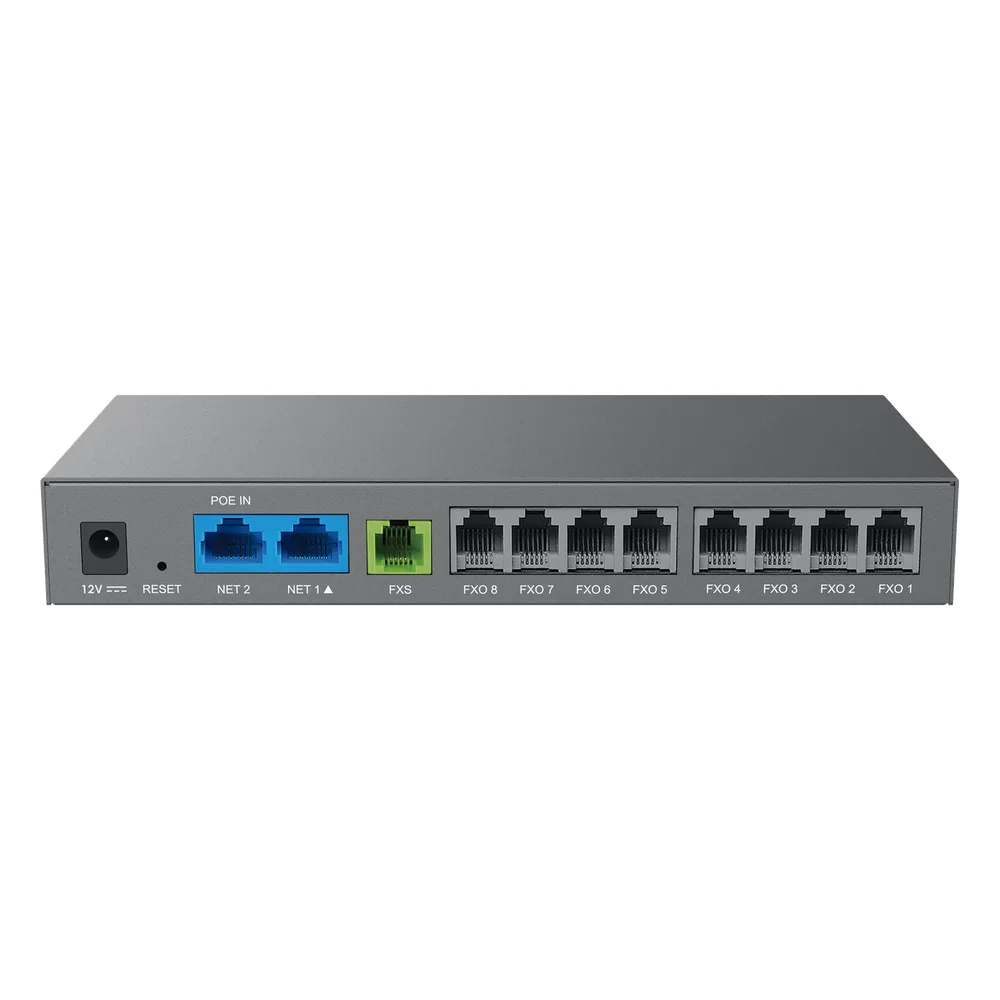 Gateway Analógico 8 FXO  (Conectar Lineas Analógicas) / 3 Perfiles SIP / 1 Puerto FXS / NAT de Alto Rendimiento / Soporte Lifeline / Fax T.38 / Cifrado AES / Failover SIP / Conferencia de Voz 3 Vías – vista 2