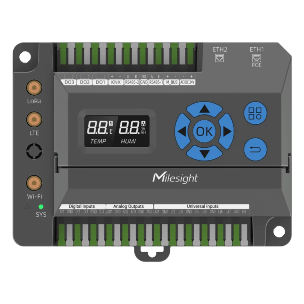 Gateway IoT LoRaWAN para Automatización de Edificios / Quad-Core 1.5 GHz / 8 Canales LoRaWAN / 2,000 Dispositivos / Edge Computing / 4G LTE / KNX + BACnet + Modbus / RS485 + M-Bus – vista 2