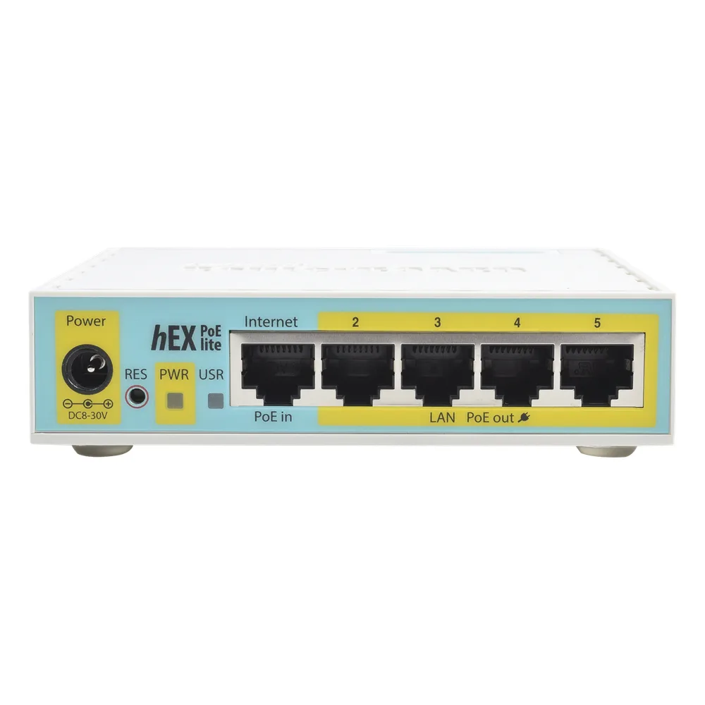 (hEX PoE LITE) RouterBoard, 5 Puertos Fast Ethernet, 4 con PoE Pasivo, 1 Puerto USB