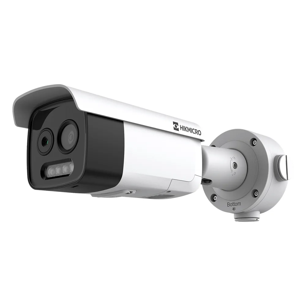 (HIKMICRO) Bala IP Bi-Espectral / Térmica (256 X 192 / 9.7 mm) + Óptica (5 MP / 12.4 mm) / IA GUANLAN / Rango: -20°C a 150°C / 8°C Margen / Detección de Fuego y Humo / Alarma Visual y Audible / Dual Light / PoE / IP67 / IK