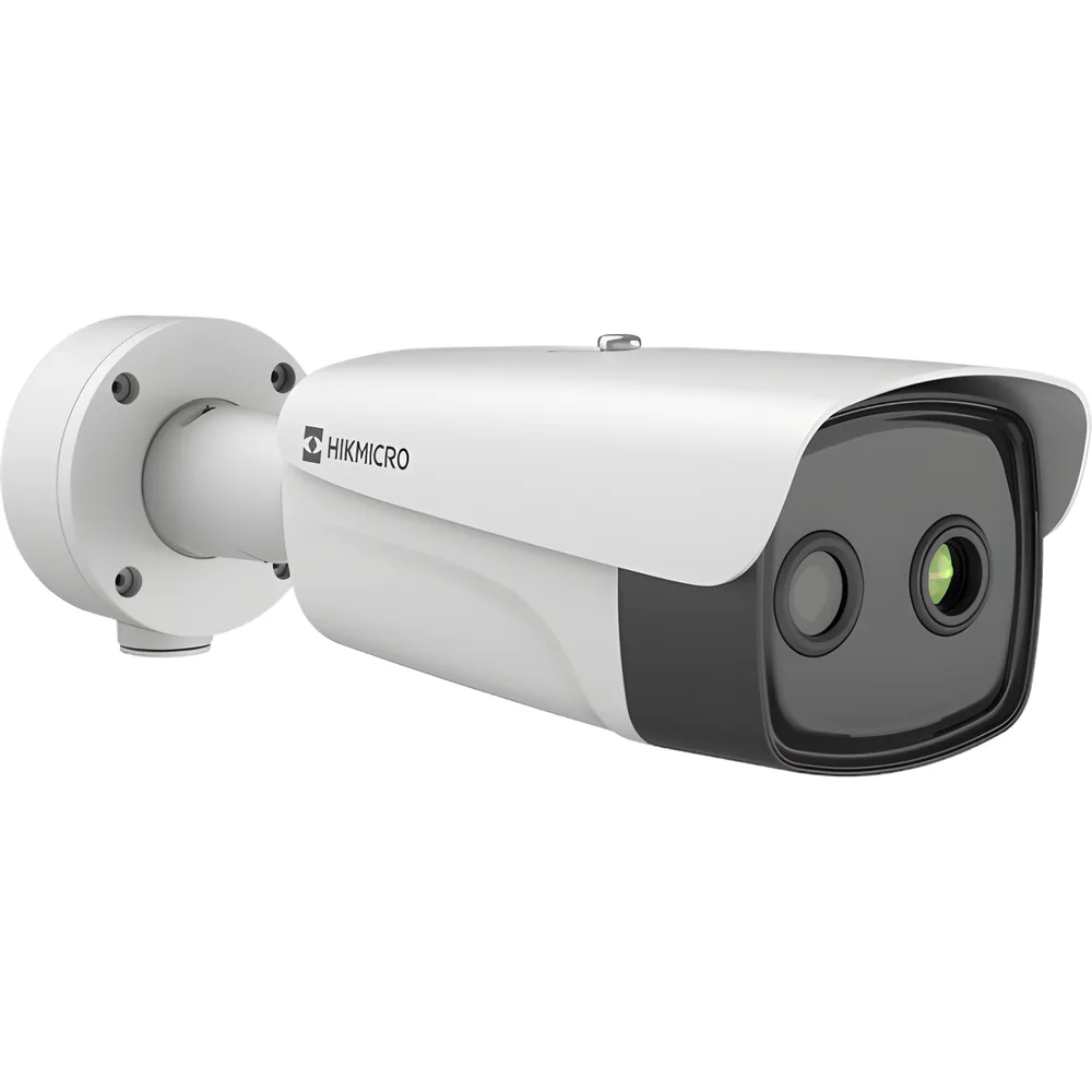 (HIKMICRO) Bala IP Bi-espectral / Térmica (384 X 288 / 9.7 mm) + Óptica (4 MP / 6.4 mm) / IA GUANLAN / Rango: -20°C a 650°C / 2°C Margen / Detección de Fuego y Humo / Alarma Visual y Audible / Dual Light / PoE / IP67 / Ant – vista 3