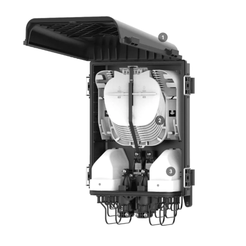 HUB Box Preconectorizada EASYCONN® de FiberHome para Exterior, IP68, Hasta 96 Empalmes, Incluye 2 Splitters 1*4 – vista 3