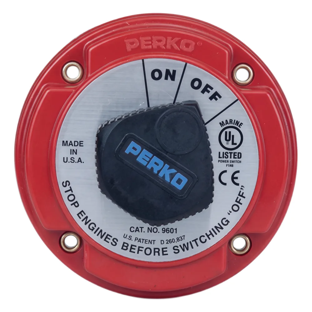 Interruptor de Desconexión de Batería Marina PERKO 9601 / 250A Continuos 360A Intermitentes / 6-32 VCC / Encendido Protegido / Desconexión de Alternador / Seguridad con Llave