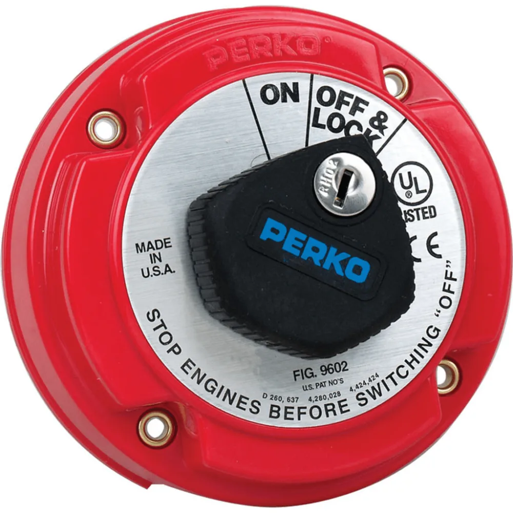 Interruptor de Desconexión de Batería Marina PERKO 9602 con Llave / 250A Continuos 360A Intermitentes / 6-32 VCC / Bloqueo en OFF / Montaje Superficie / Encendido Protegido