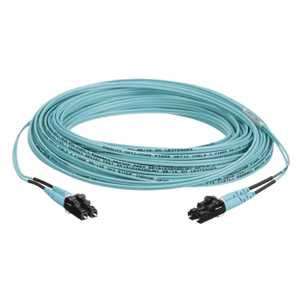 Jumper de Fibra Optica Multimodo 50/125 OM3, LC-LC Duplex, OFNR (Riser), Color Aqua, 20 Metros (65.62 Pies)