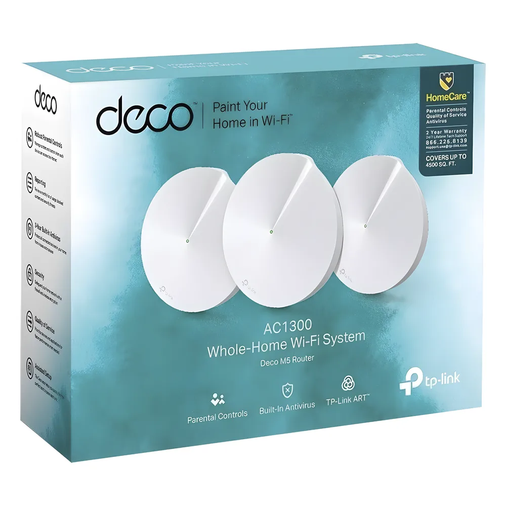 Kit 3 Routers Inalámbricos MESH Interior para Hogar / Doble Banda Wi-Fi 5 AC1300 Mbps / 2 Puerto Gigabit WAN/LAN / 4 Antenas Internas / Administración Mediante la App Deco (iOS, Android) / Protección HomeCare