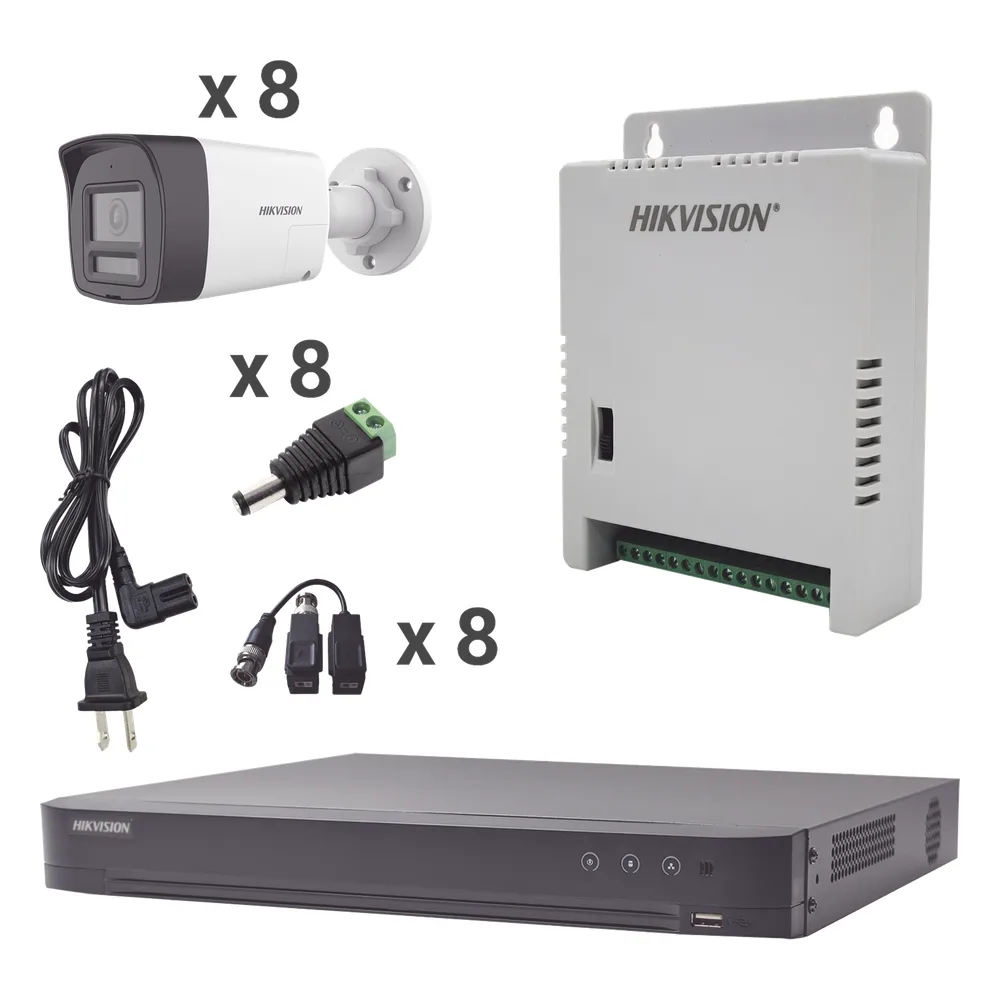 Kit Audio Bidireccional TurboHD 4K-3K / DVR 8 Canales 4K / 8 Cámaras Bala (Exterior) con Bocina y Microfóno Integrado 3K / 1 Fuentes de Poder / Accesorios