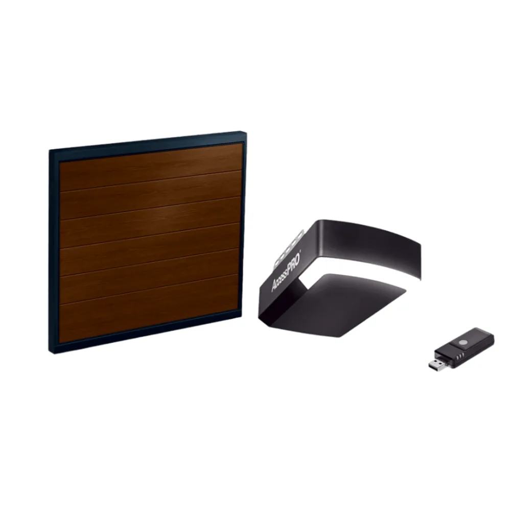 KIT COMPLETO Incluye /Puerta D/ Garage / APDOORB 12x8 Pies / Lisa Linea Central / Imitacion madera / Insulada / Interfase ACCESSWIFI / Motor FS1000M / 1/2HP / Fuerte/Silencioso/Luz LED/Motor DC .