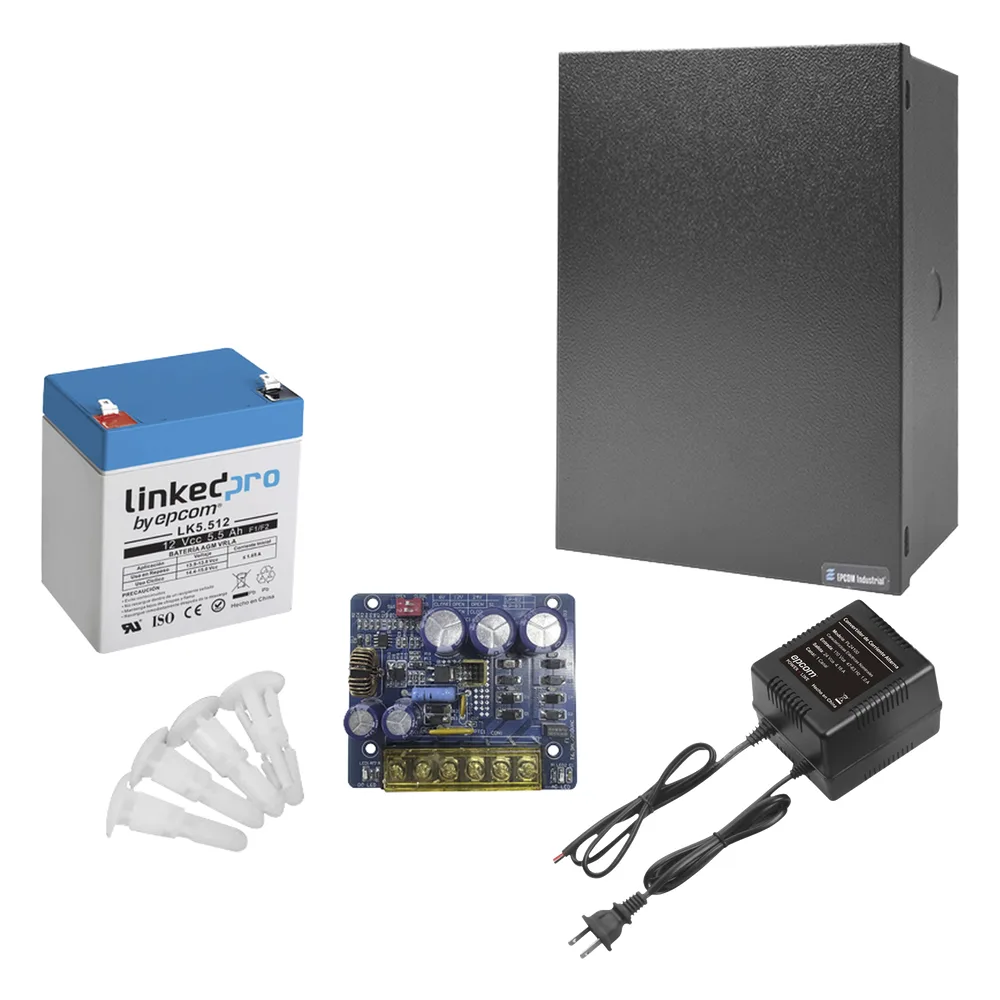 Kit con fuente PLB3 con salida de 12 Vcc a 4 Amper, incluye transformador y batería de 12 V a 5.5 Amper