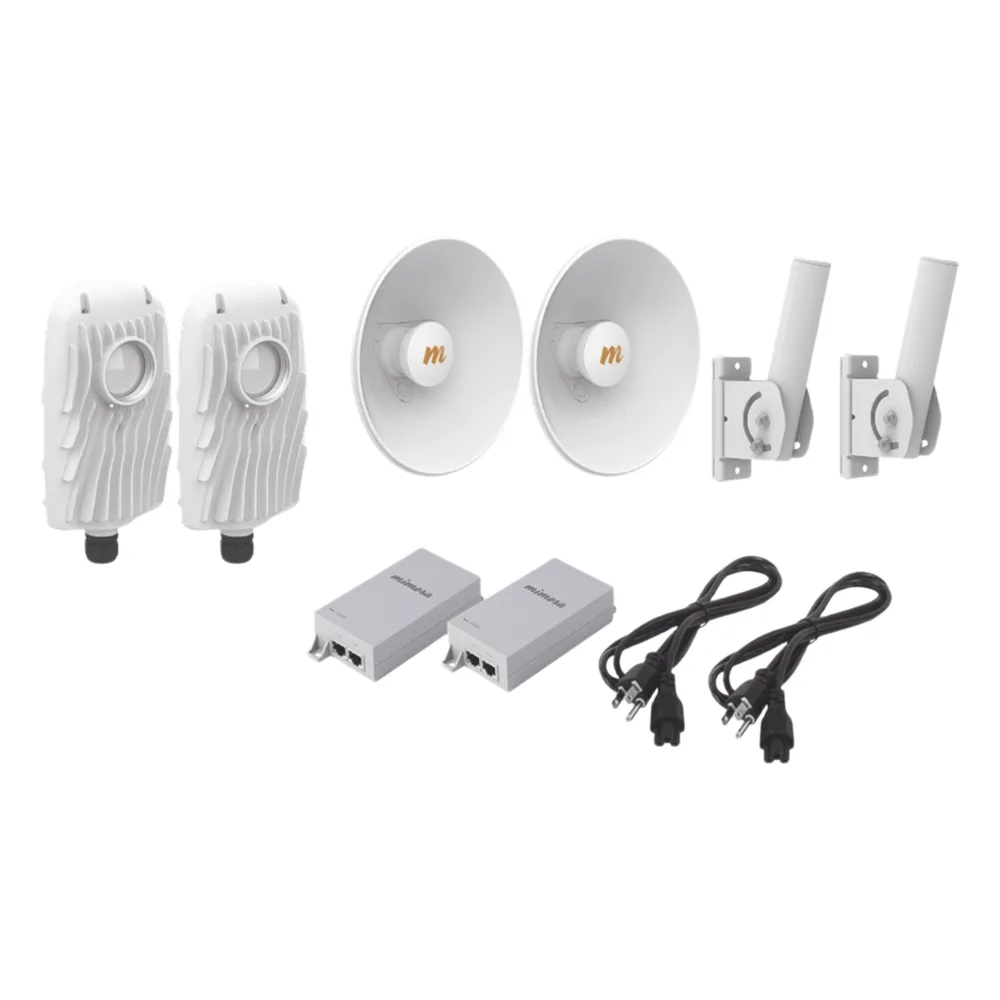 Kit de 2 radios B5X con kit de antenas (20dBi), rango de frecuencia extendida (4.9 a 6.4 GHz), incluye inyector POE, cable de alimentación y 2 FLEXIMOUNT-XL para alineación, distancia de hasta 8 km