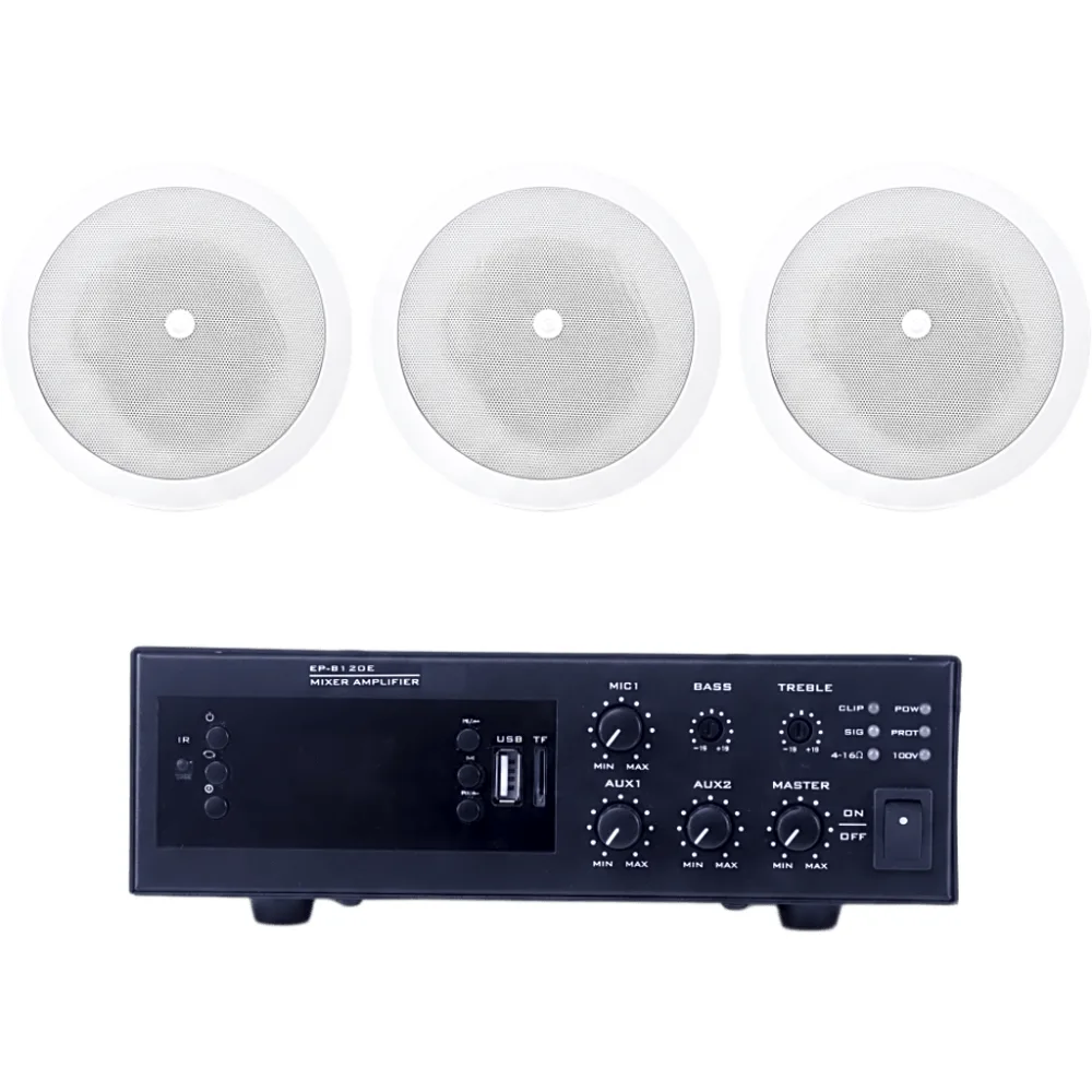 KIT de Amplificador de 120W para Escritorio | 3 Altavoces de Plafón de 5" | 3.75 - 30W | Sistema 70/100V