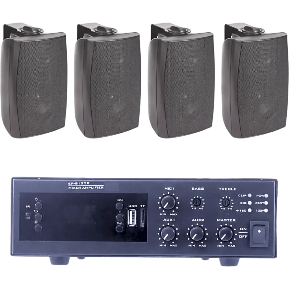 KIT de Amplificador de 120W para Escritorio | 4 Altavoces de Pared color Negro 2.5W - 20W | Sistema 70/100V
