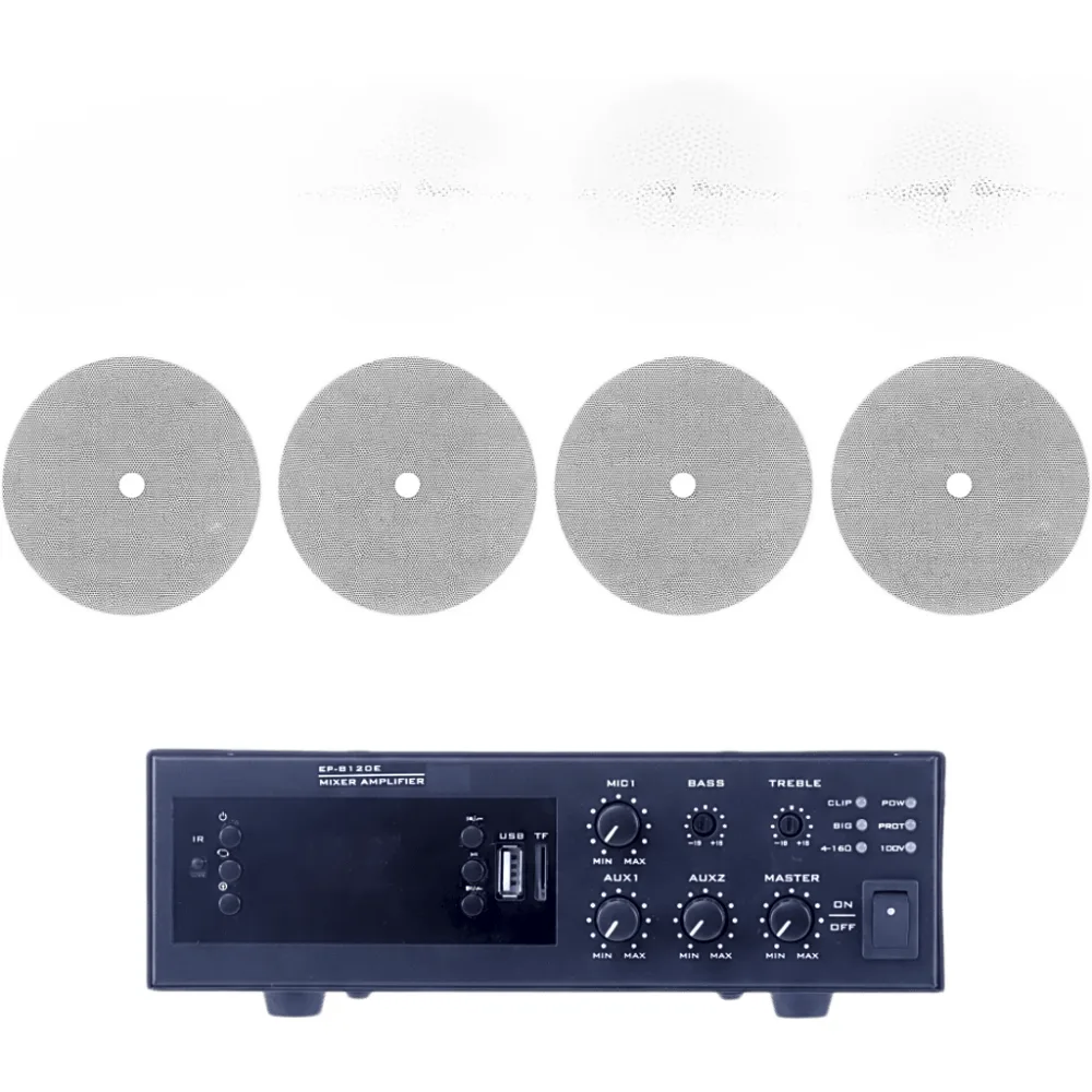 KIT de Amplificador de 120W para Escritorio | 4 Altavoces de Techo de 6" | 20W | Sistema 70/100V