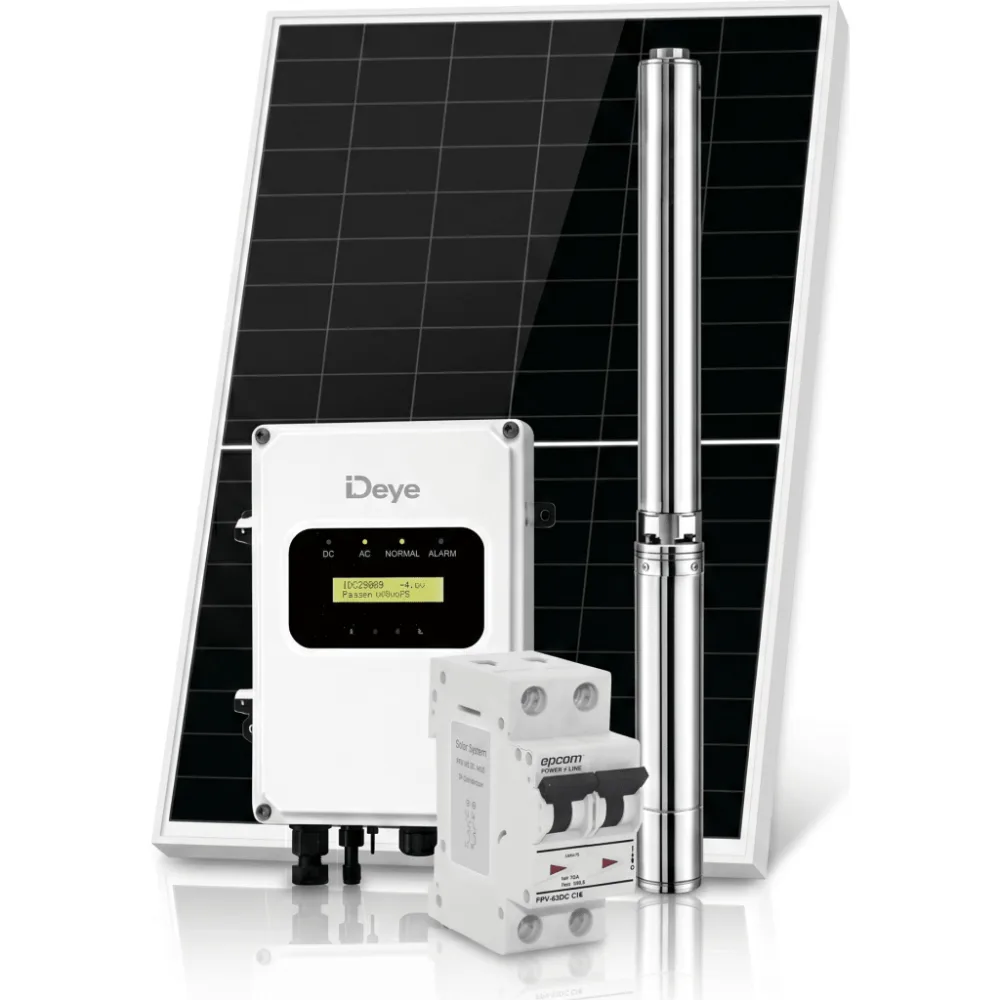 Kit de Bombeo Solar 800W (1 HP) / Bomba Sumergible con Controlador Integrado 60-220V CD / 3 Módulos Solares 540W / Interruptor Termomagnético 2P 20A 800V CC / Protector de Descargas Atmosféricas / Gabinete IP66