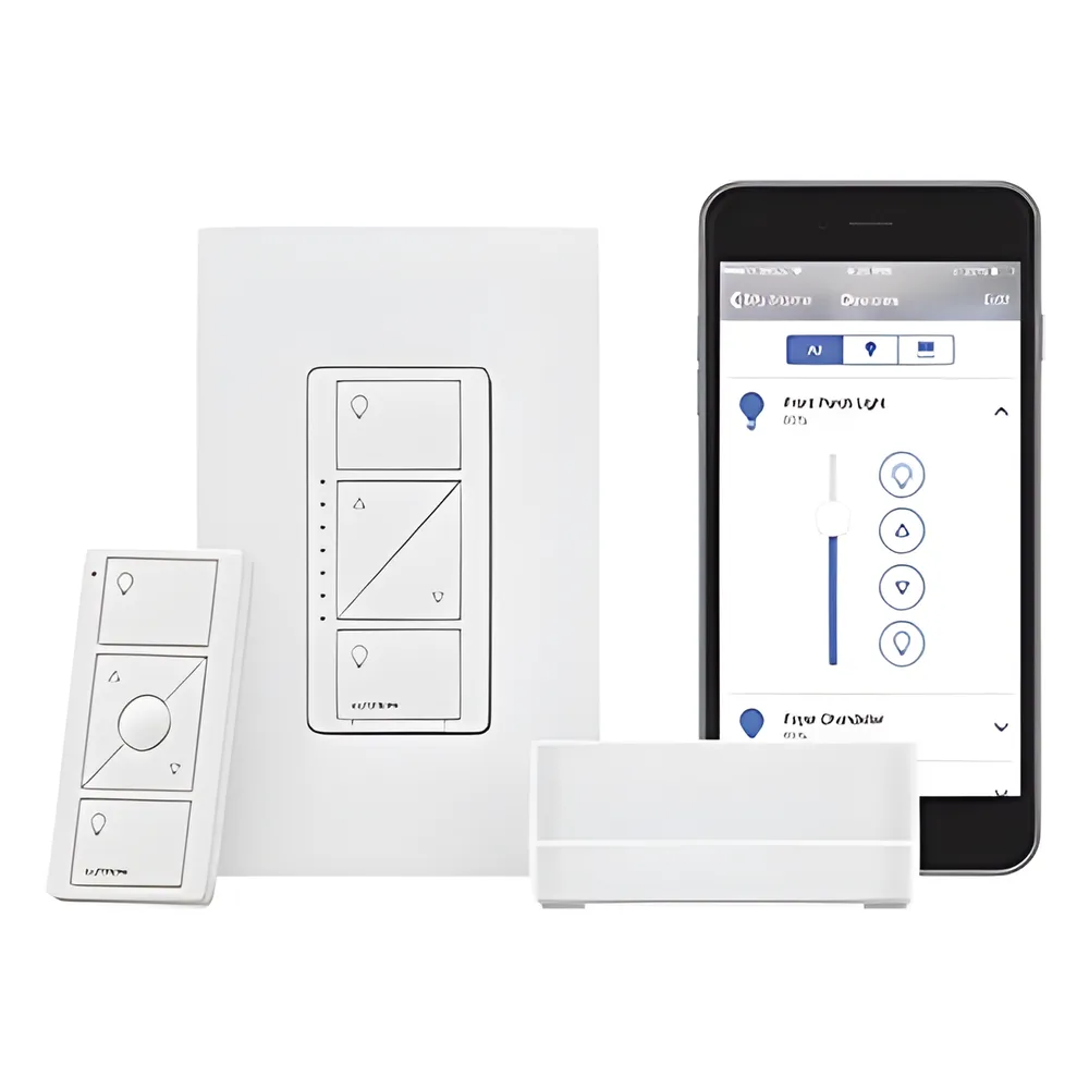 Kit de inicio Caseta Wireless con hub Smart Bridge Pro, atenuador de pared de 120 V, control remoto Pico y placa Claro, compatible con Apple HomeKit, Alexa y Google Assistant