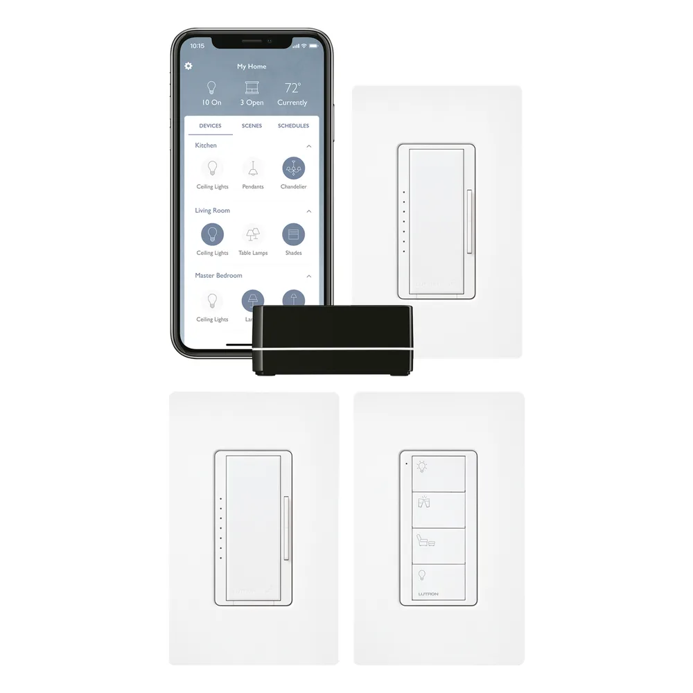 Kit de inicio RA2 Select con repetidor principal, 2 atenuadores de pared, control Pico con adaptador de pared y 3 placas de pared, para control inteligente de iluminación
