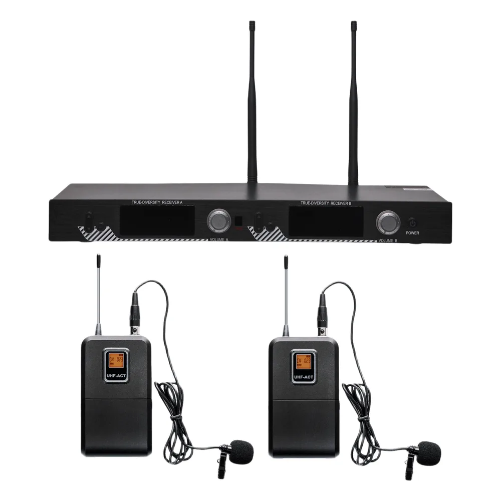 Kit de Microfonía inalámbrico | 2 Micrófonos de Lavalier | Receptor UHF | Pantalla LCD | 200 Canales | Gran cobertura