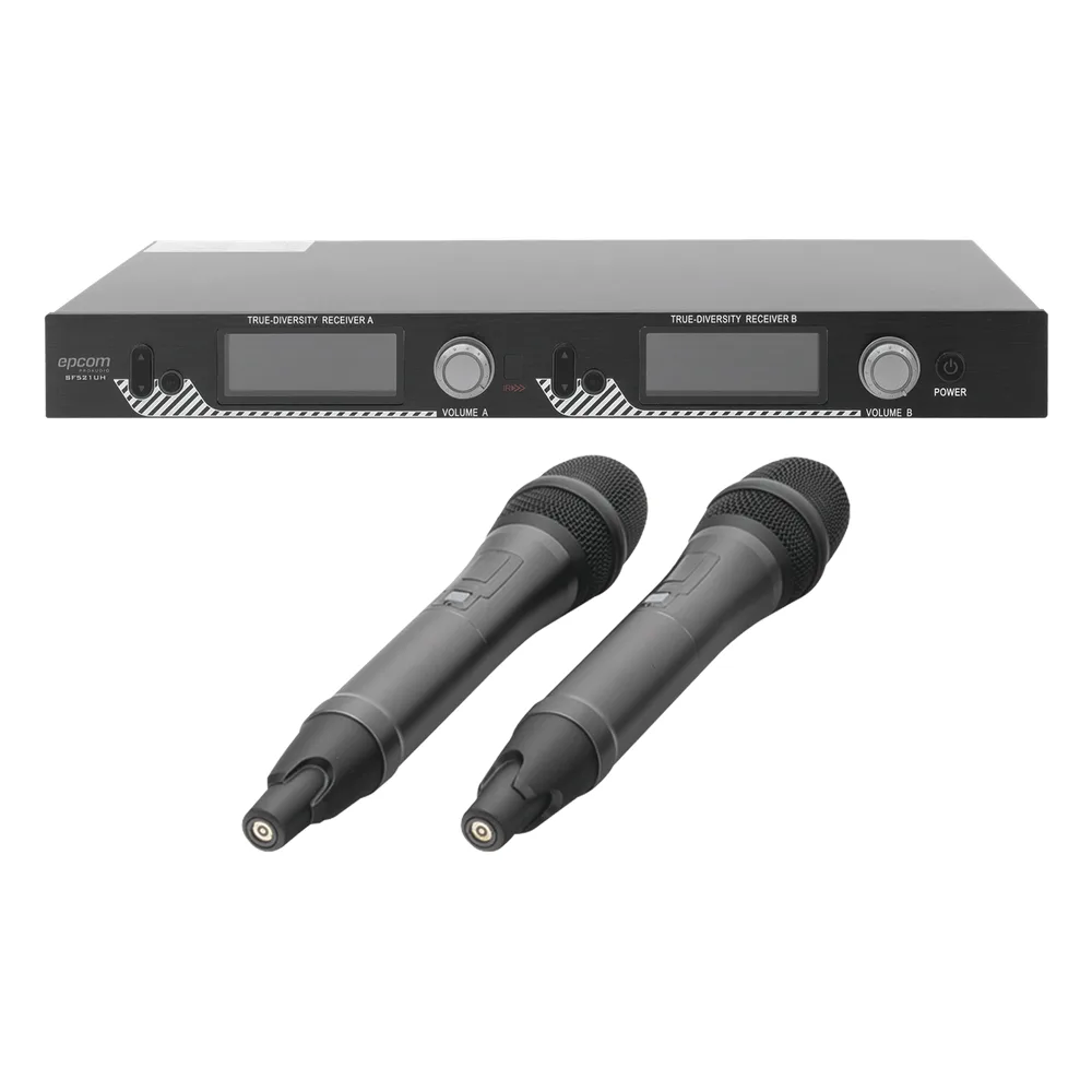 Kit de Microfonía inalámbrico | 2 Micrófonos de mano | Receptor UHF | Pantalla LCD | 200 Canales | Gran cobertura