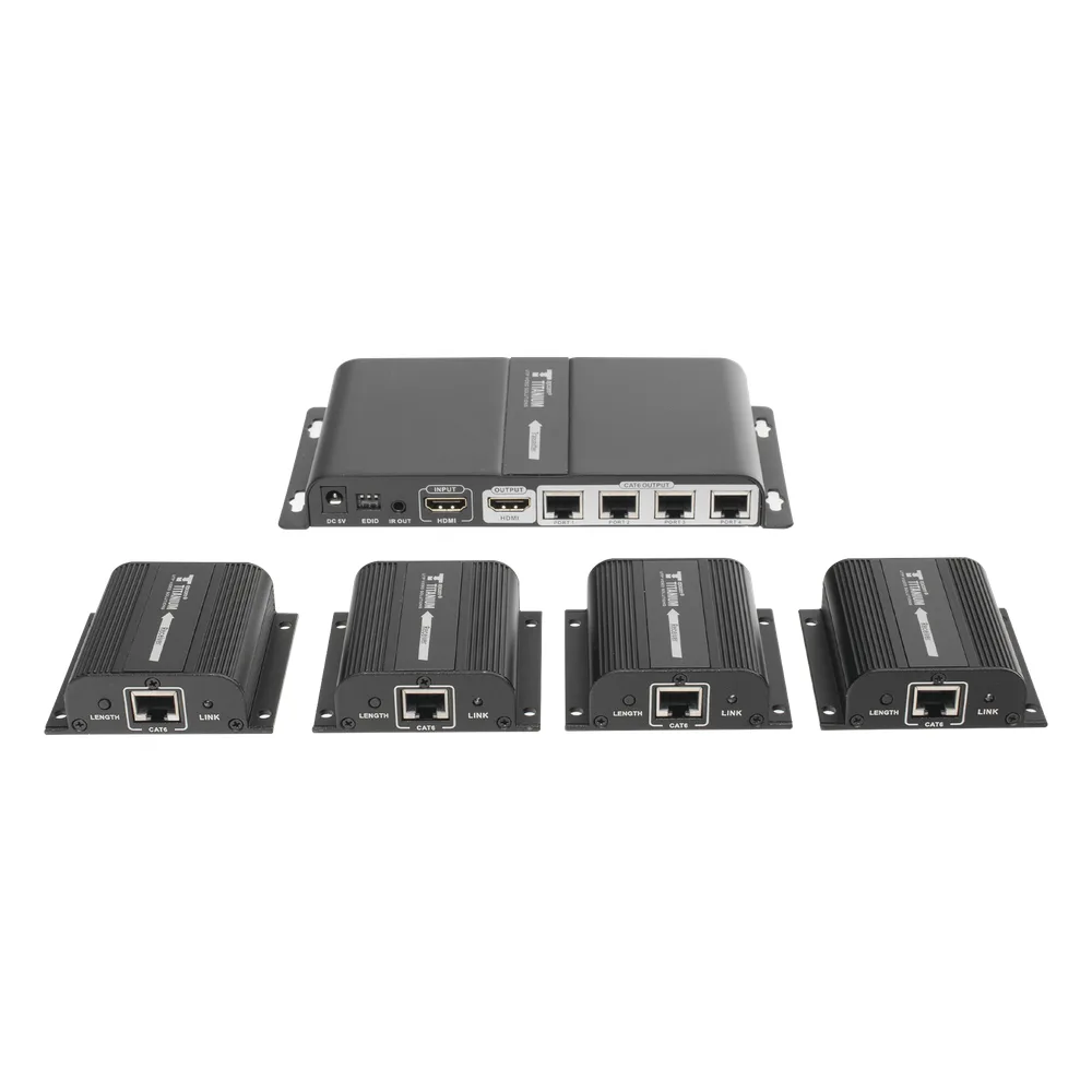 Kit Divisor y Extensor HDMI (Extender Splitter)  / Divide 1 Fuente HDMI a 4 Pantallas / Extiende la señal HDMI hasta 40 m / Resolución 1080P @ 60 Hz / Cat 6/6a/7 / Cero Latencia / Salida Loop en el Tx / IR / Alimente solo el Tx (PoC).