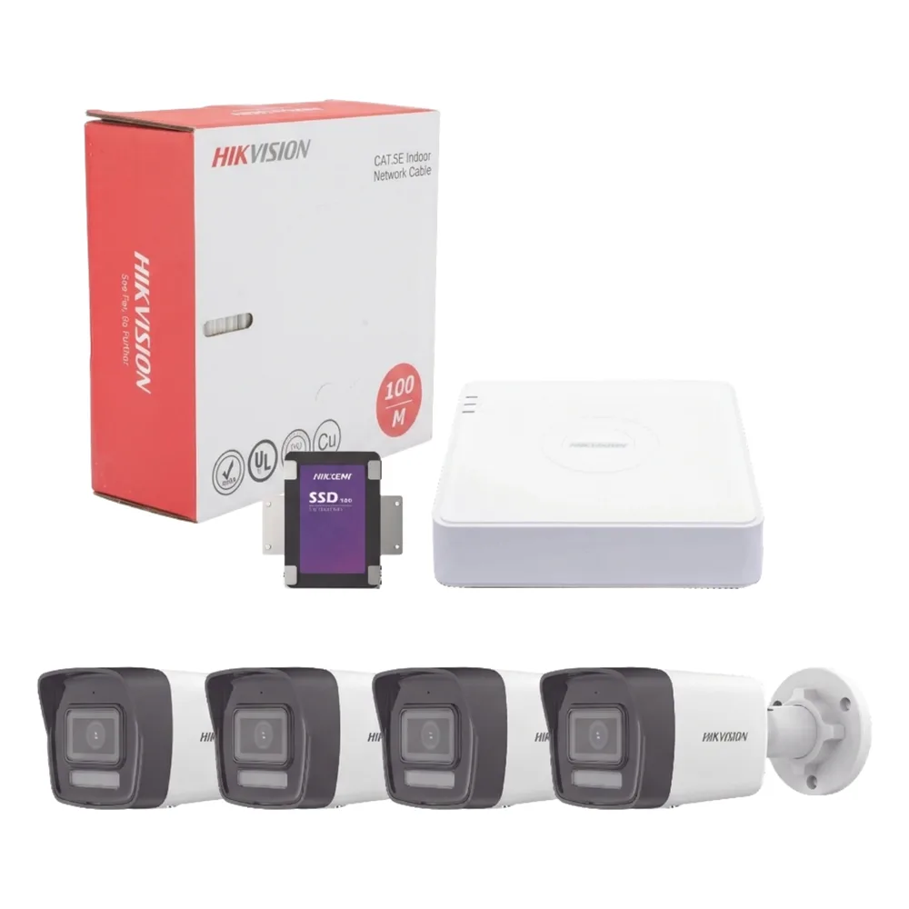 Kit IP 4 Megapixel / NVR de 4 Canales con 4 Puertos PoE / 4 Cámaras IP Bala Dual Light (IR + Luz Blanca) con Microfono Integrado y ACUSENSE Lite para Exterior/ Bobina de Cable de 100 mts / SSD de 1 TB